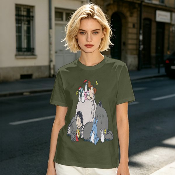 Olive T-shirt with whimsical forest spirit and children graphic print