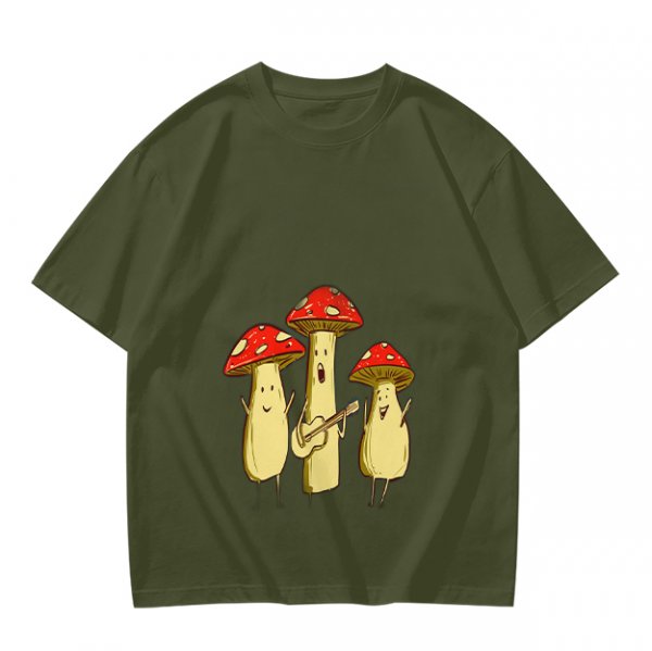Olive T-Shirt with Singing Mushroom Band Graphic