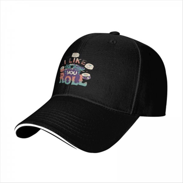 Black baseball cap with sushi graphic and 'I Like The Way You Roll' text