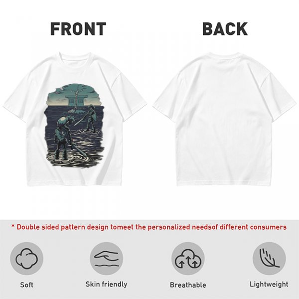 Olive T-shirt with two warriors standing in water holding swords