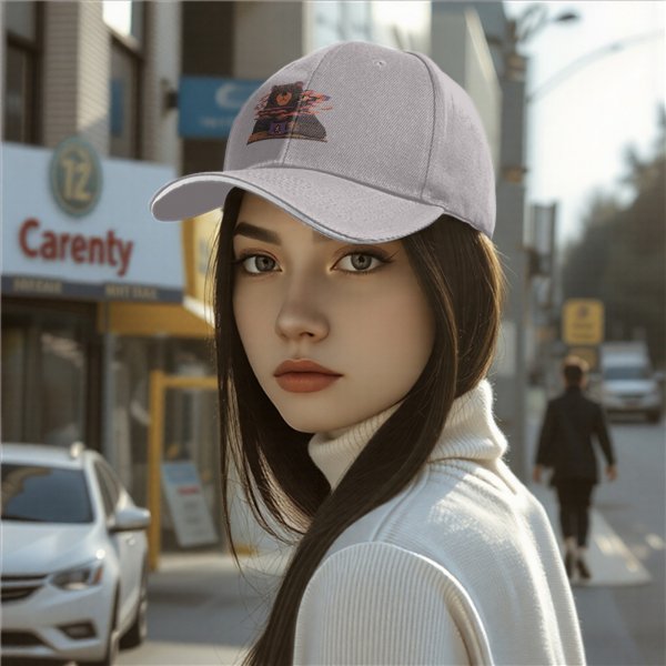 Black baseball cap with a bear holding a steaming coffee mug print