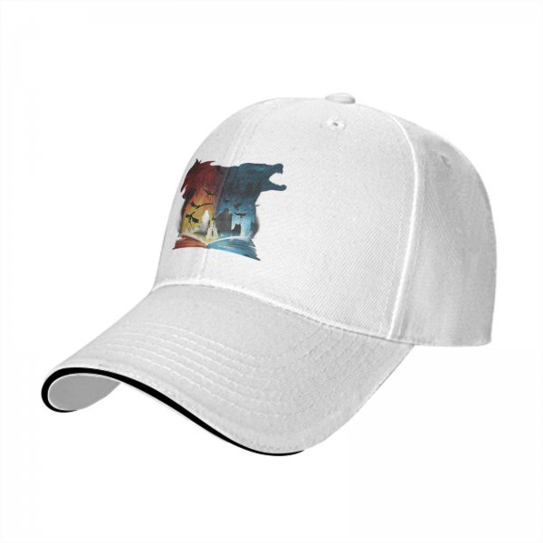 Black baseball cap with fantasy dragon and wolf open book graphic