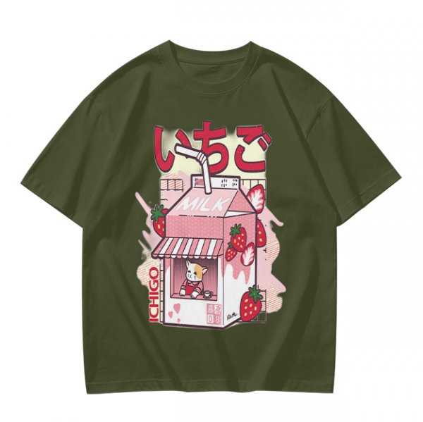 Olive T-Shirt with Strawberry Milk Carton Cat Shop Graphic