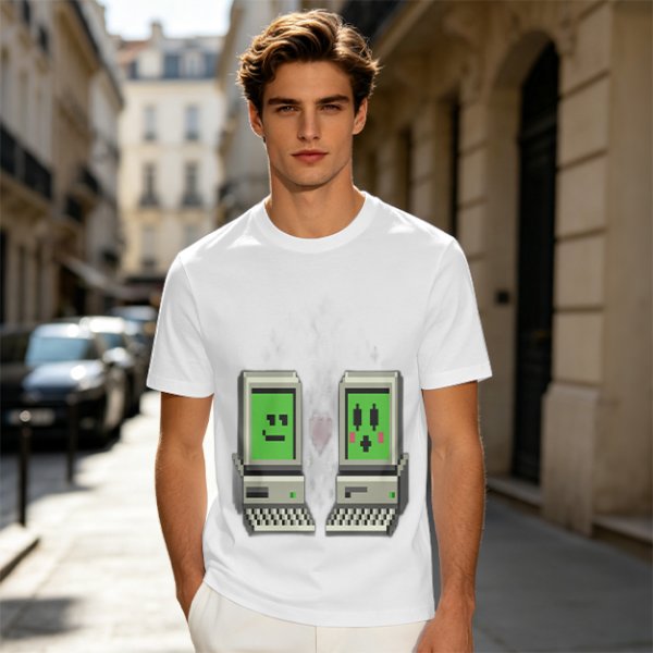 Olive T-shirt with pixel art retro computer characters print