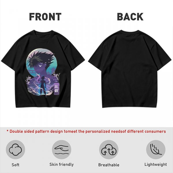 Anime character silhouette graphic tee with stylized purple and blue art