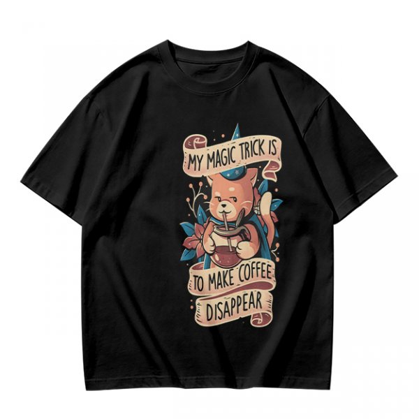 Olive t-shirt with a cat wizard making coffee disappear magic trick print