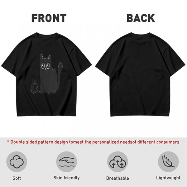 Olive Green T-Shirt With Cute Surprised Black Cat And Bell Print