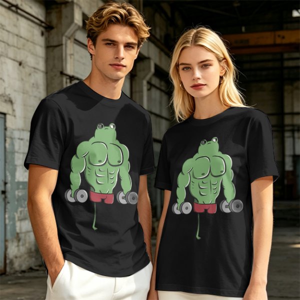 Oversized Army Green T-Shirt With Muscular Frog Lifting Dumbbells Print