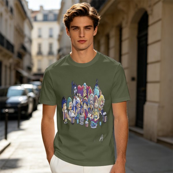 Olive T-Shirt with Anime Character Group Coffee Print