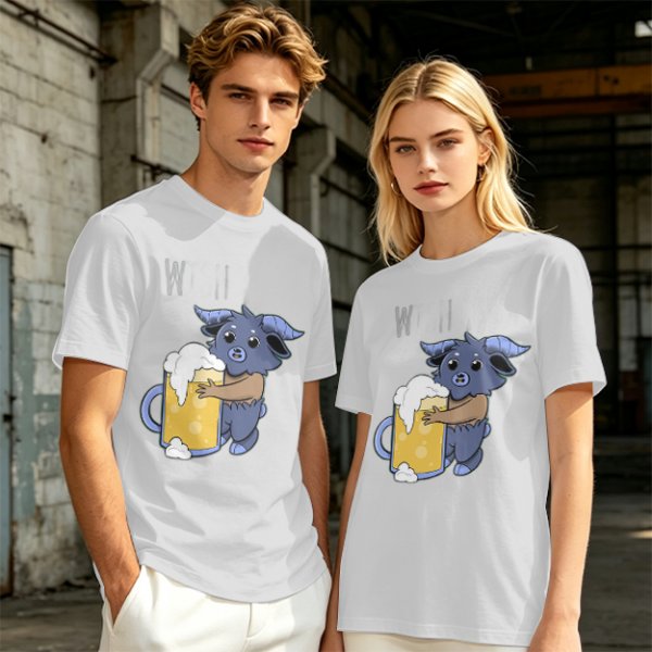 Olive T-Shirt With Cute Blue Goat Holding Foamy Beer Mug Print