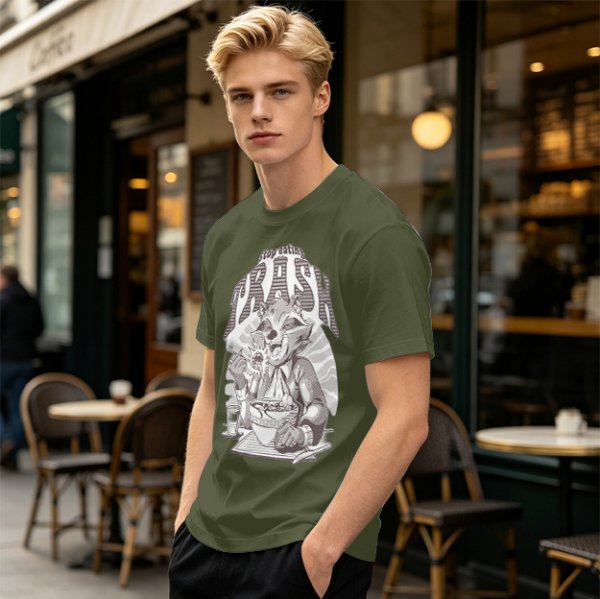 Olive graphic t-shirt with raccoon eating and 'Stop eating TRASH' print