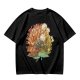 Olive Green T-Shirt with Whimsical Nature Floral and Rock Art Print