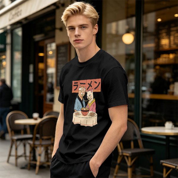 Olive T-Shirt With Cats Eating Ramen Japanese Art Print