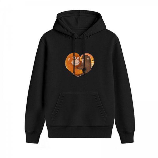 Black hoodie with hugging monkeys inside a heart graphic