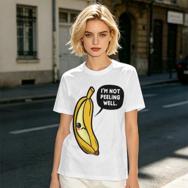 Olive T-shirt with sad banana graphic reading I'm not peeling well