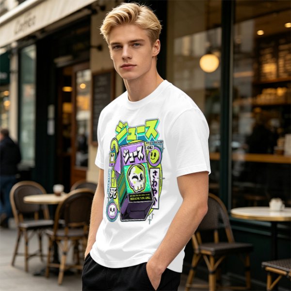 Olive T-shirt with spooky juice box graphic and playful skull art