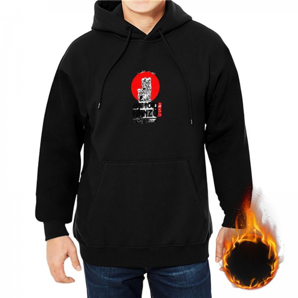 Black hoodie with red sun and Japanese-inspired graphic print