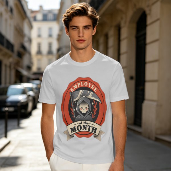 Olive T-Shirt with Cute Grim Reaper Employee of the Month Print