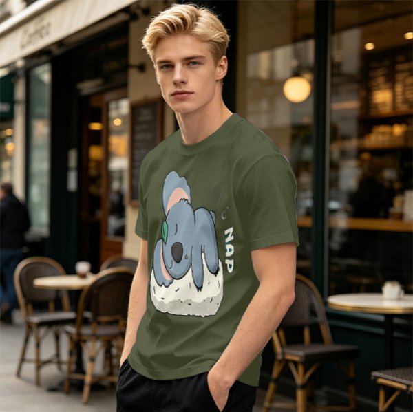 Olive T-Shirt with Sleeping Koala Nap Graphic