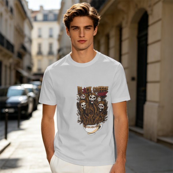 Black Coffee Skull Ghosts Graphic Olive Green T-Shirt