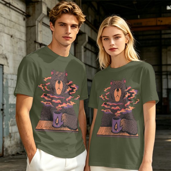 Olive T-Shirt With A Bear Holding A Campfire Mug Design