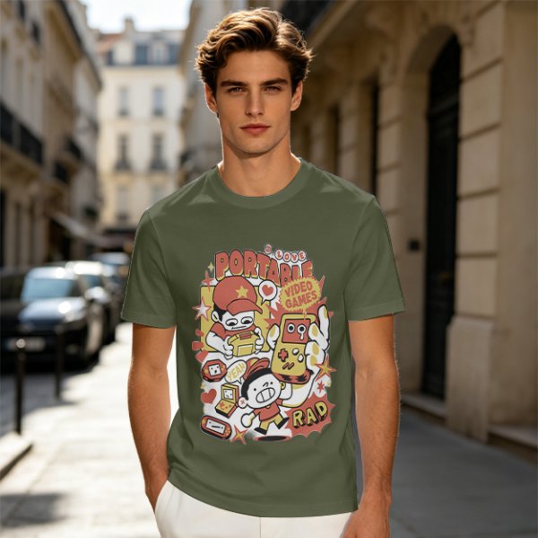 Olive T-Shirt With Retro Portable Video Games Cartoon Print