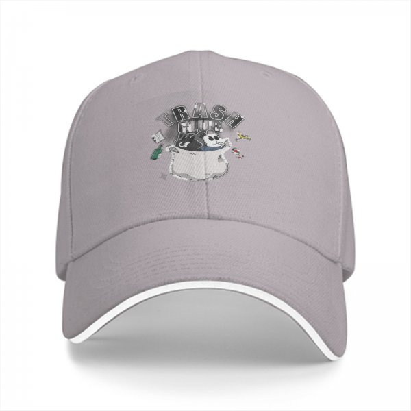 Black baseball cap with Trash Club graphic featuring cartoon mouse in trash can