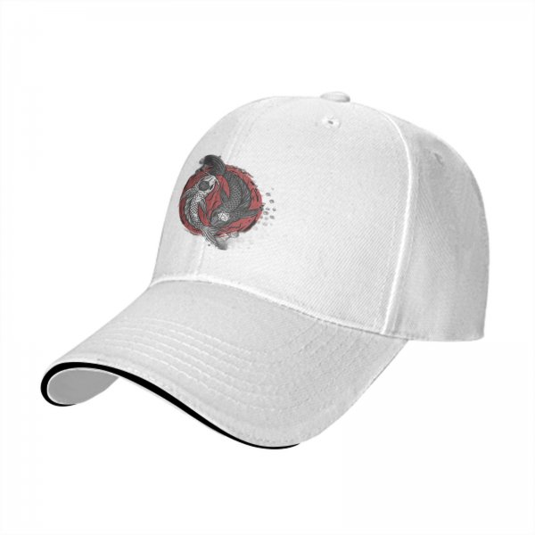 Black Baseball Cap With Yin Yang Koi Fish Red Circle Artwork