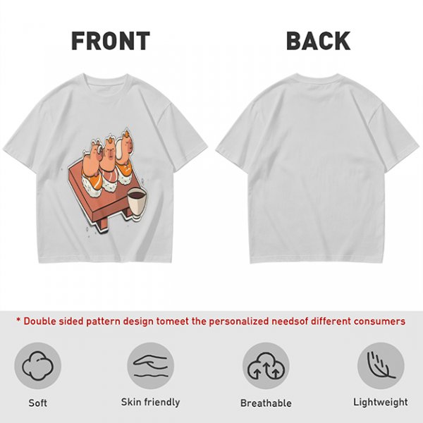 Olive green t-shirt with capybara sushi print design