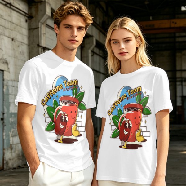 Olive green graphic t-shirt with caffeine team coffee cup and bean illustration