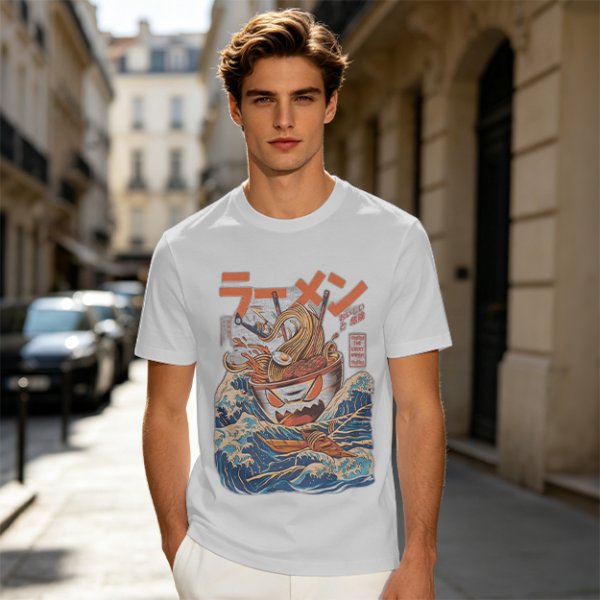 Olive T-Shirt With Great Wave Inspired Monster Ramen Bowl Art