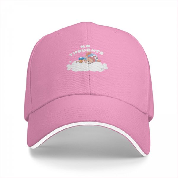 Black baseball cap with no thoughts sleeping character on cloud graphic