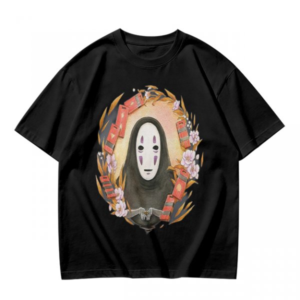 Spirited Away No-Face Graphic Tee with Cherry Blossoms and Lanterns