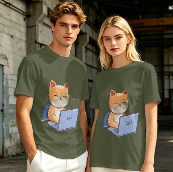 Olive T-Shirt With Cute Orange Cat Working On Laptop Print