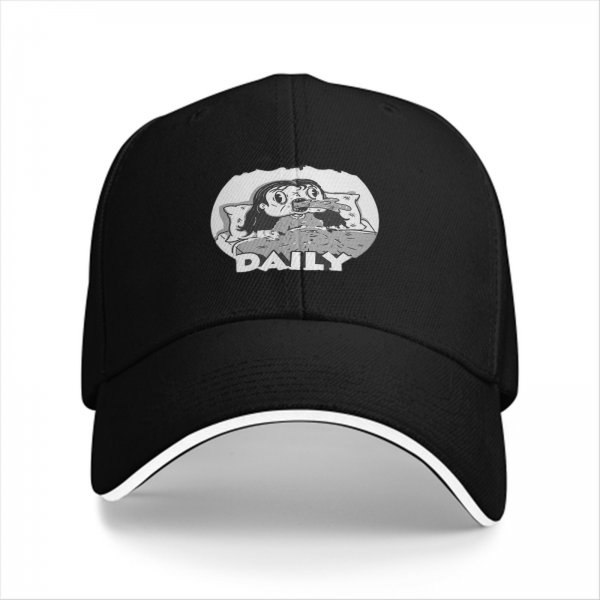 Black baseball cap with grayscale horror girl in bed graphic and DAILY text