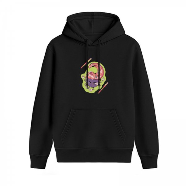 Black hoodie with quirky cartoon character and pencil graphic