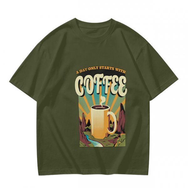 Olive Graphic T-Shirt With Coffee And Mountain Sunrise Design