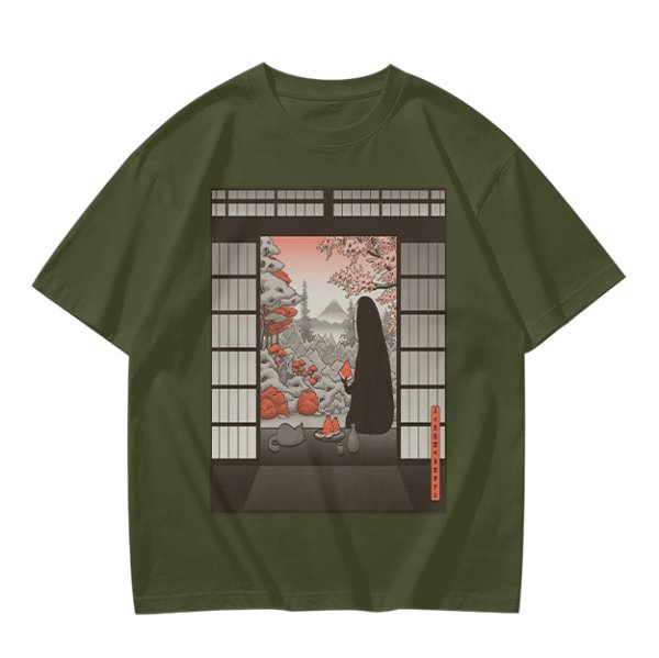 Olive T-Shirt with Japanese Shinto-inspired Window Landscape Print