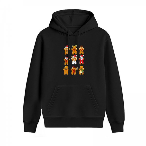 Black Hoodie With Cute Christmas Gingerbread Characters Print