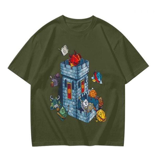 Olive T-Shirt With Fantasy Dice Castle Graphic Design