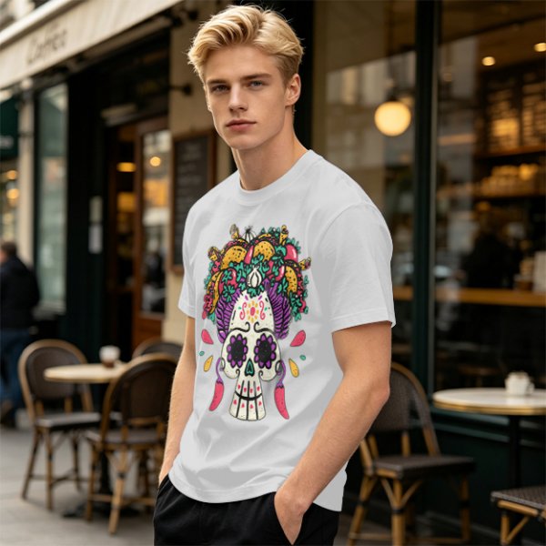 Olive T-Shirt with Day of the Dead Sugar Skull and Taco Food Art