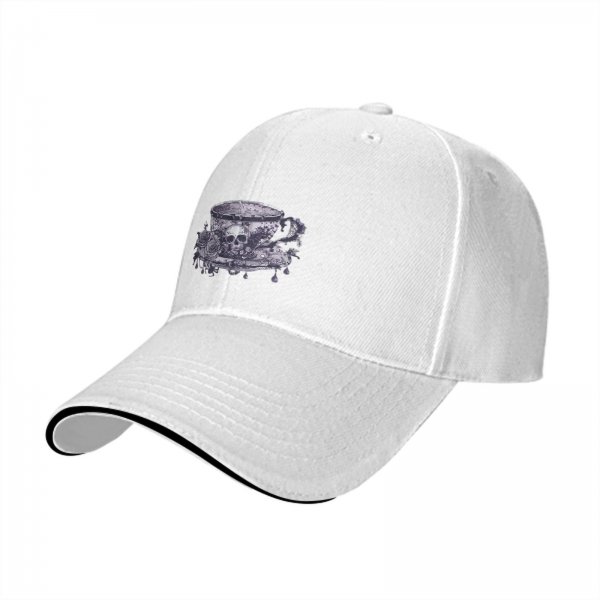 Black baseball cap with gothic teacup skull and rose print