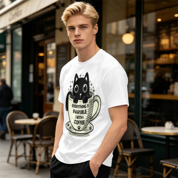 Olive T-Shirt With Black Cat In Coffee Cup 'Everything Is Pawsible With Coffee' Print