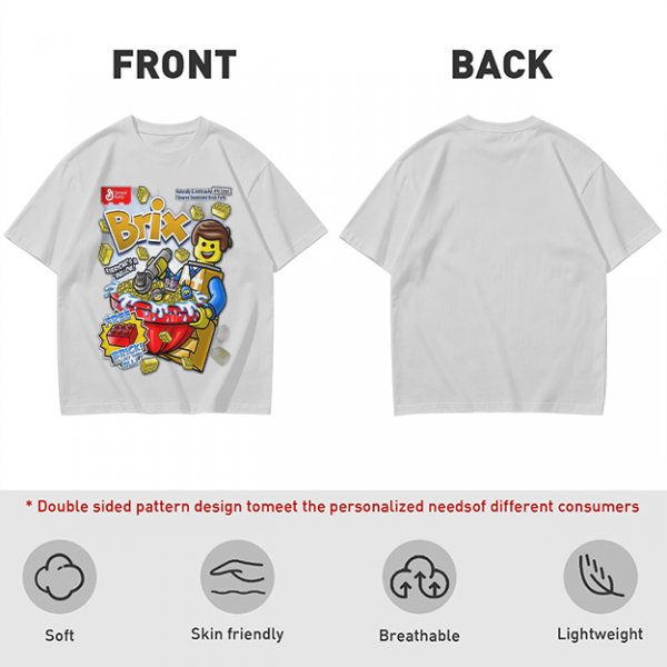 Olive t-shirt with Lego-style Brix cereal graphic print