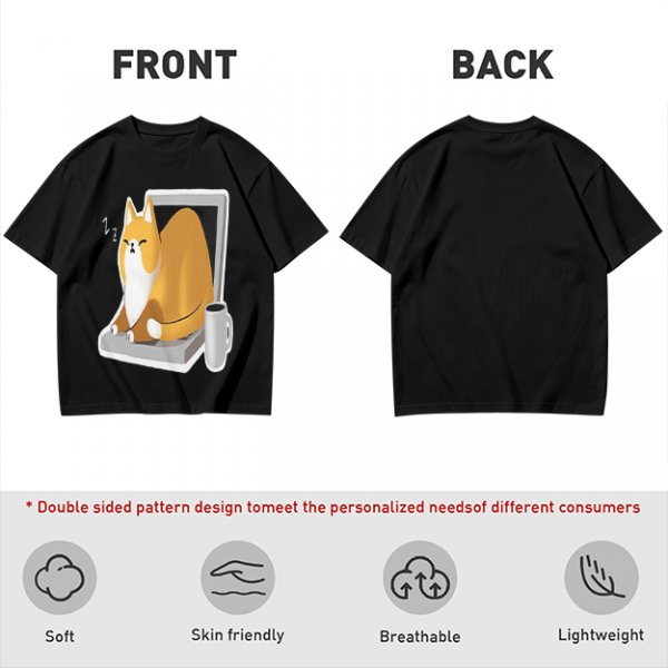 Olive T-Shirt with a Sleeping Cat on a Laptop Print