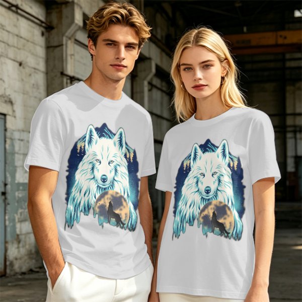Olive T-Shirt With White Wolf And Howling Wolf Moon Graphic