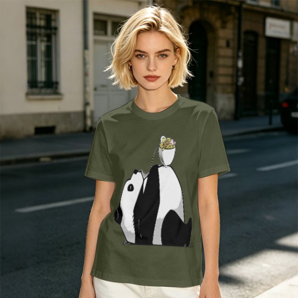 Olive T-Shirt With Panda Balancing Ramen Bowl Print