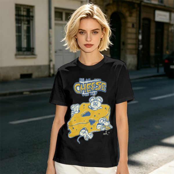 Olive graphic t-shirt with 'Relax and Cheese the Day' and mice on cheese