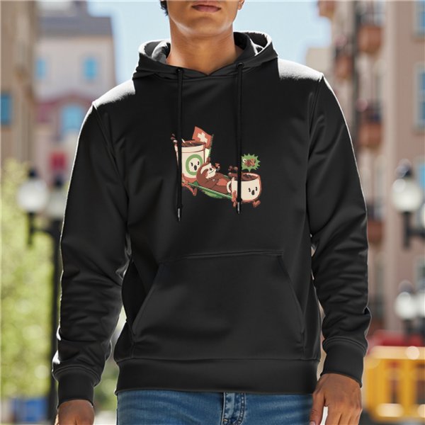 Black hoodie with cute anthropomorphic coffee cups graphic