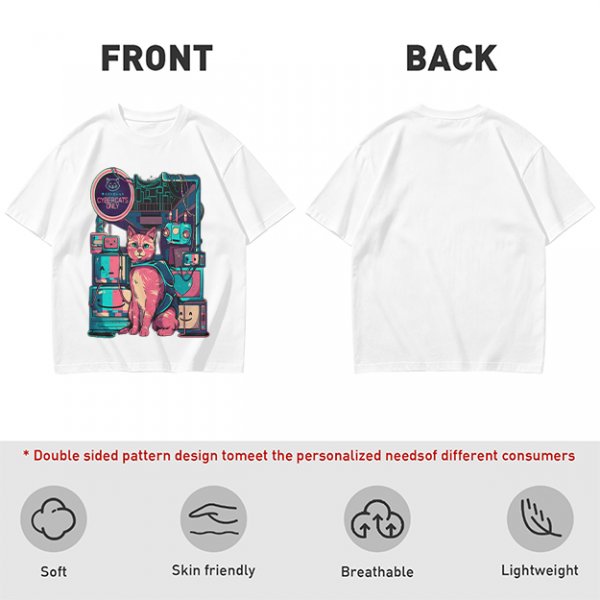 Olive T-Shirt with Cyberpunk Pink Cat and Robotic Tech Print